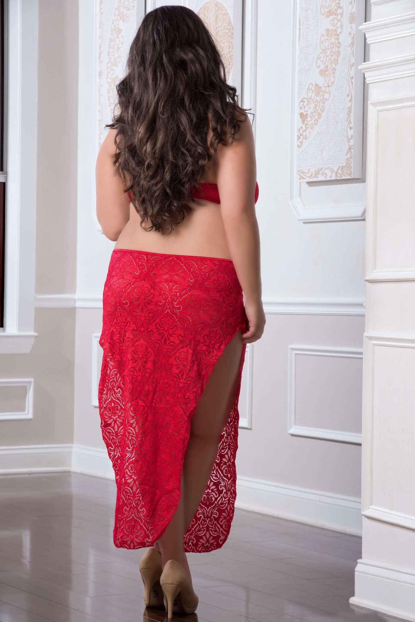2 Pc. Shoulder-Baring Laced Night Dress - Red Cherry - Queen Size