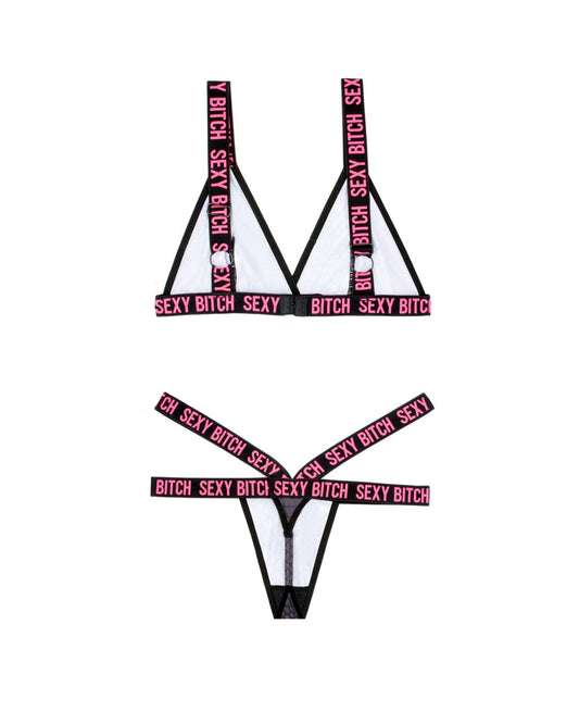 Sexy Bitch Bralette and Strappy Panty Set - Black - L/xl