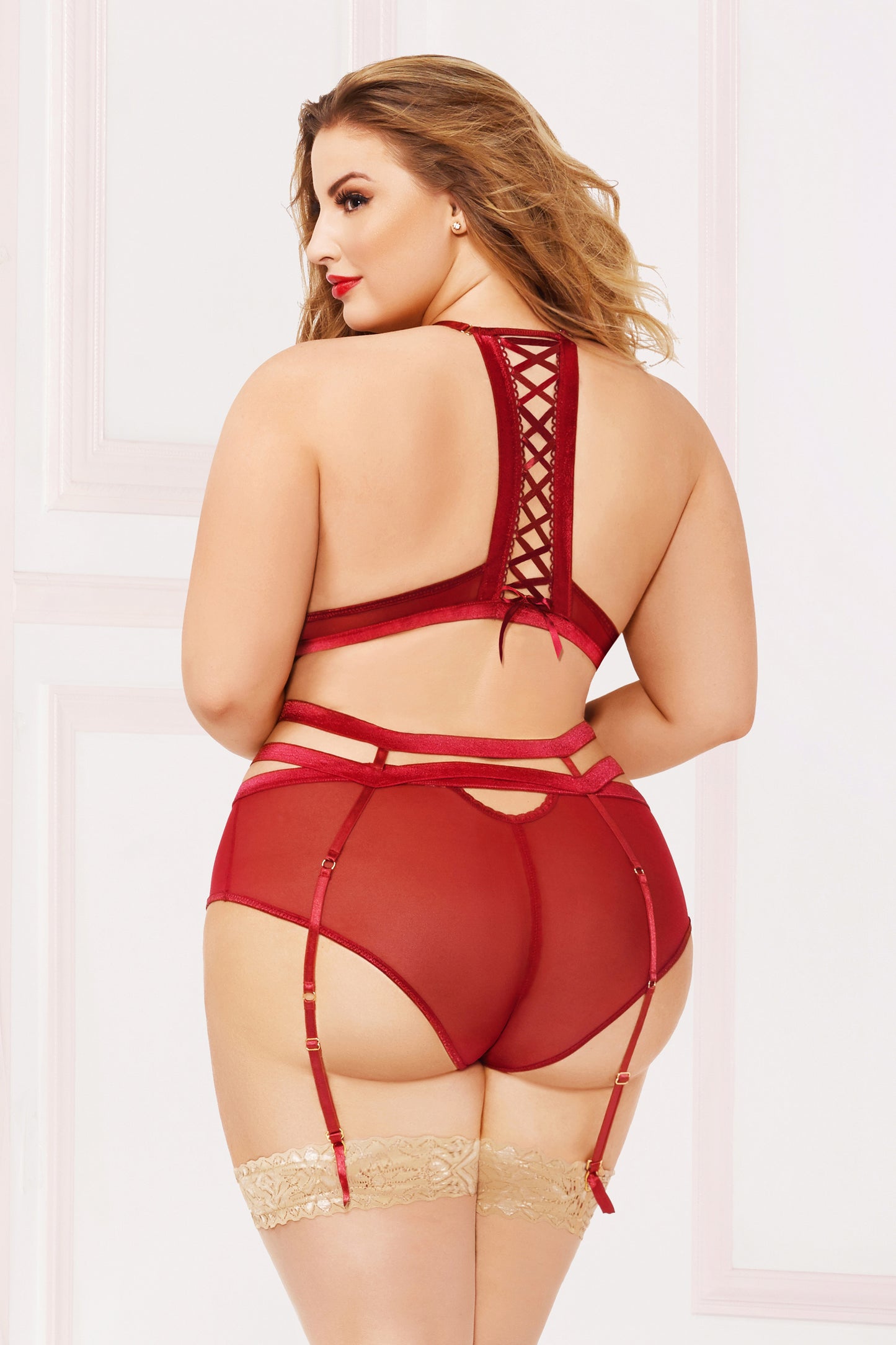 Applique & Mesh Bra Set - 3x4x - Burgundy