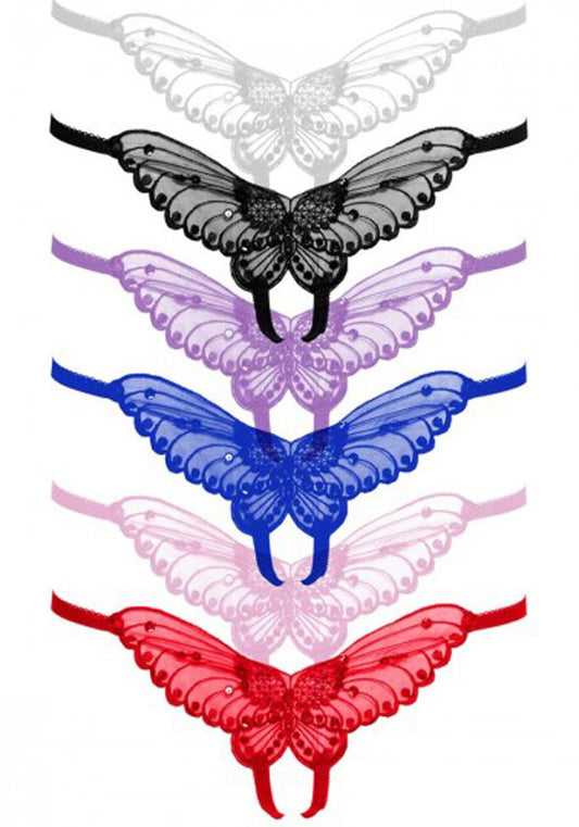 Butterfly Crotchless Panty With Pearl Accents - Assorted Colors - One Size